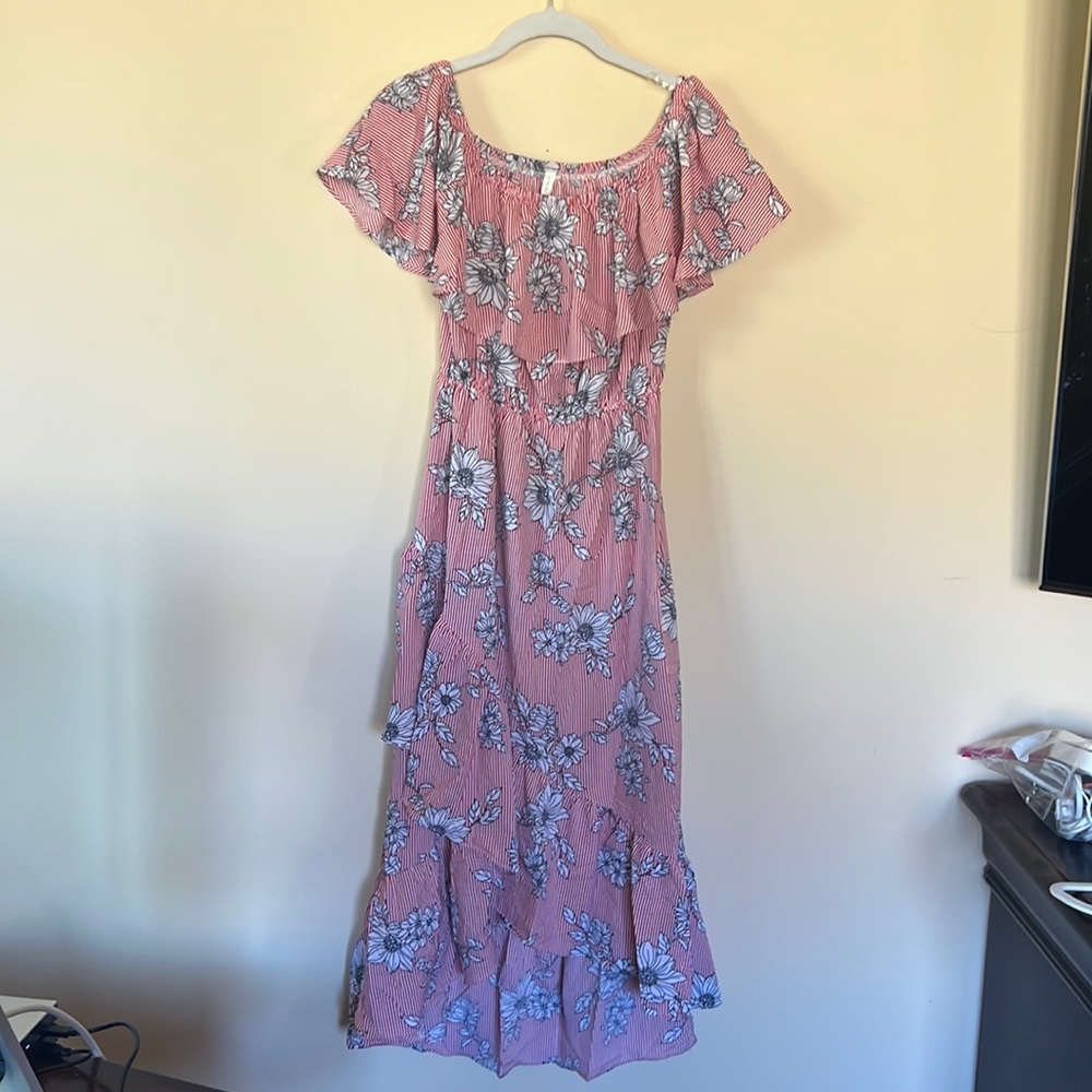 Pink Blush off the shoulder dress, size small, red striped floral